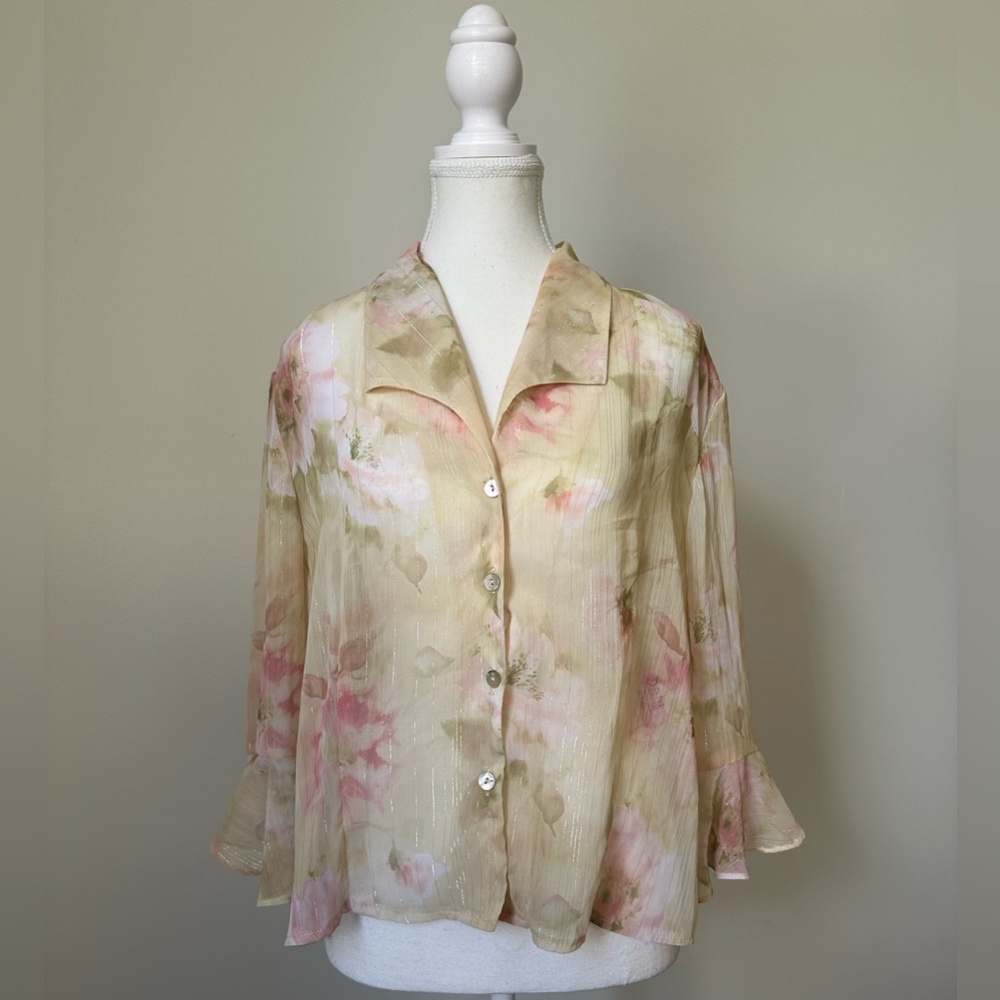 R&M RICHARDS Y2K Sheer Floral Feminine Whimsy Cottage Blouse Size M